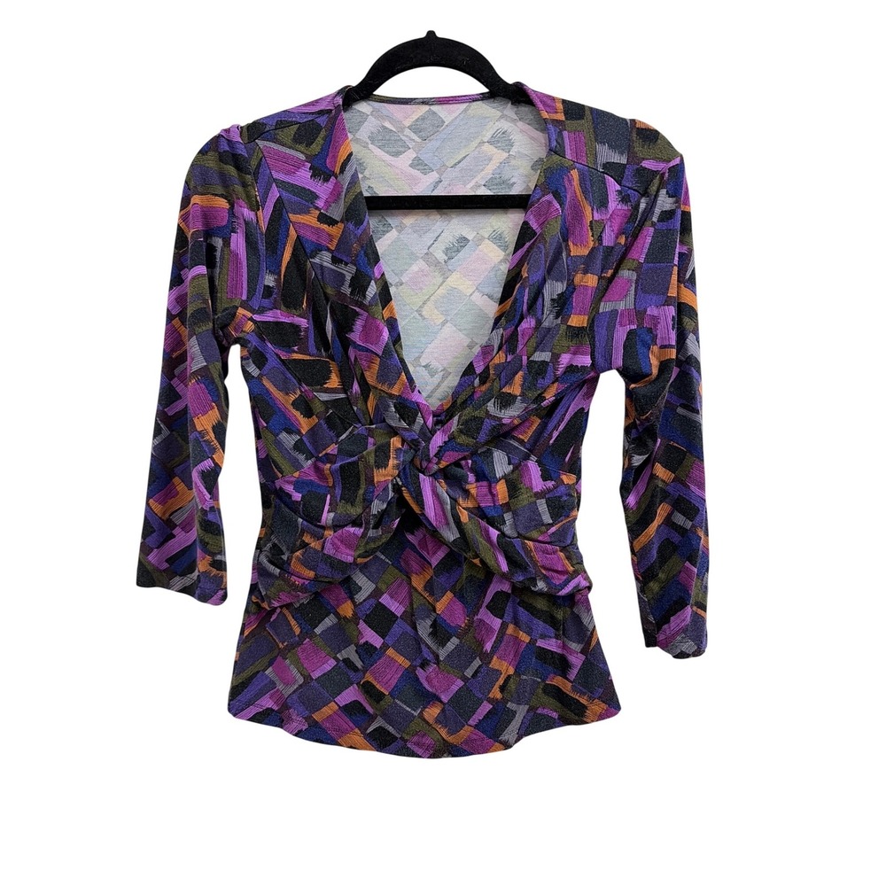 Y2K Babydoll Top Purple Geometric Abstract Twist Front V-Neck 3/4 Sleeve Medium